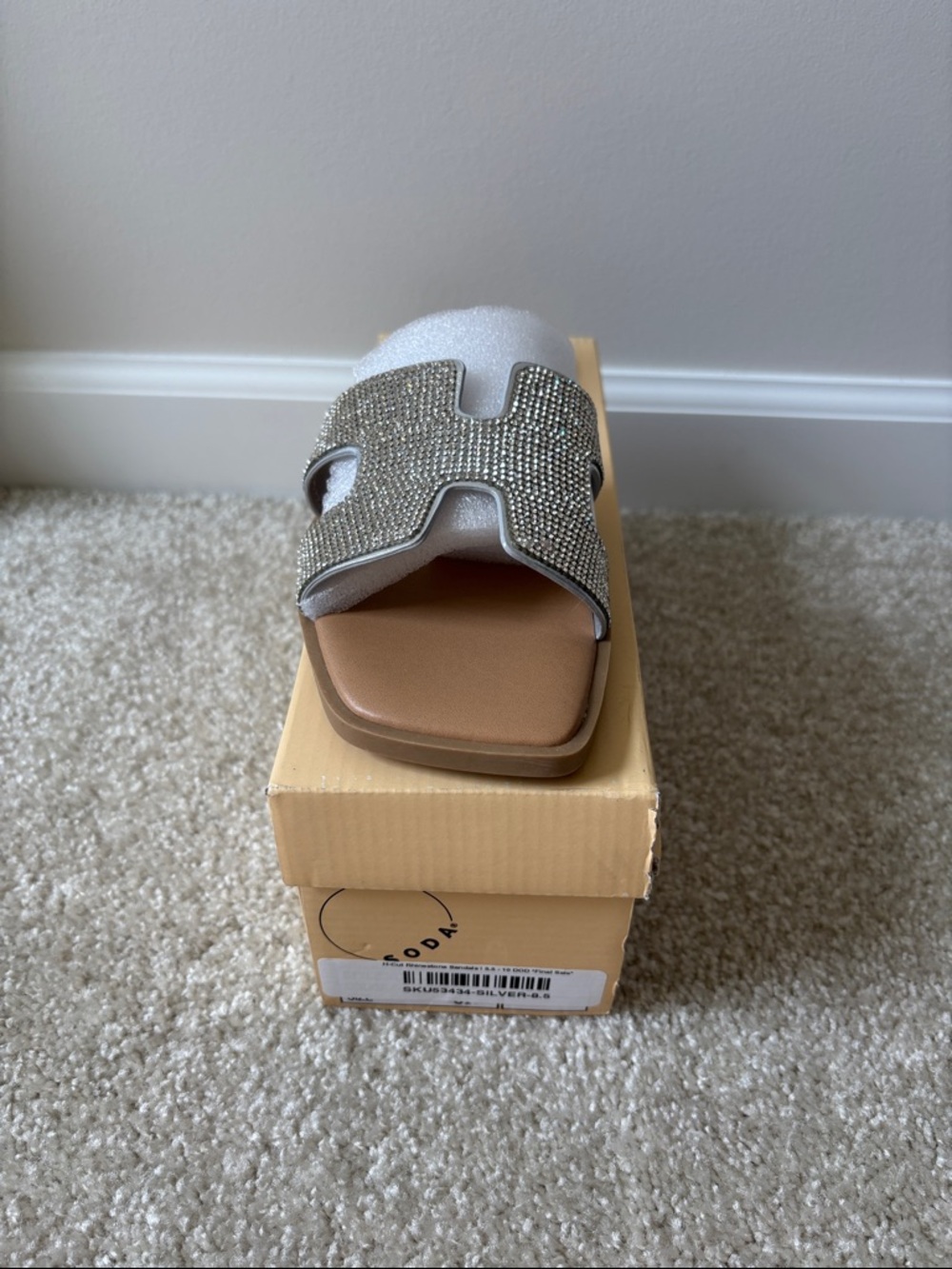 Soda Silver Rhinestone Slide Sandals